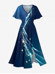 Robe midi Hawaï portefeuille Galaxy Curve Glitter à impression 3D - Bleu profond XXS