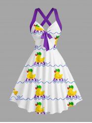 Ducks Swimming Ring Sea Waves Print Crisscross Straps Bowknot Hawaii Tank Dress -  
