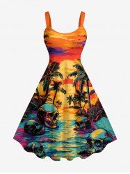 Robe débardeur hawaïenne à imprimé cocotiers, crânes et nuages (bretelles ajustables) - Orange Foncé 6X