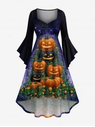 Halloween Pumpkin Flowers Galaxy Glitter 3D Print Ruched Flare Sleeves High Low Dress -  