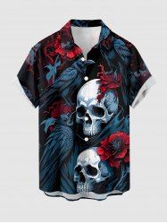 Halloween Skulls Flower Crow Print Button Pocket Shirt For Men -  