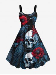 Halloween Skulls Flower Crow Print A Line Dress -  