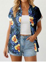Women's Tropical Leaf Flower Print Hawaii Button Shirt -  