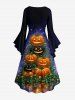 Halloween Pumpkin Flowers Galaxy Glitter 3D Print Ruched Flare Sleeves High Low Dress -  