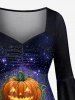 Halloween Pumpkin Flowers Galaxy Glitter 3D Print Ruched Flare Sleeves High Low Dress -  