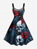 Halloween Skulls Flower Crow Print A Line Dress -  