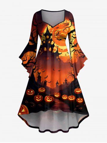 Halloween Pumpkin Moon Bat Castle Tree Print Ruched Flare Sleeves High Low Dress