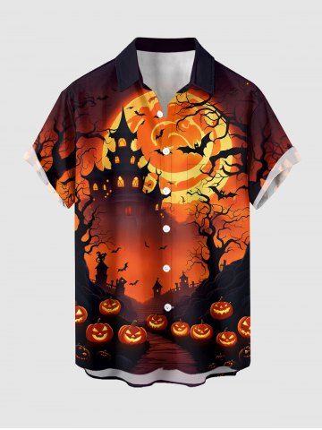 Halloween Pumpkin Moon Bat Castle Tree Print Buttons Pocket Shirt For Men - BURNT ORANGE - 5XL