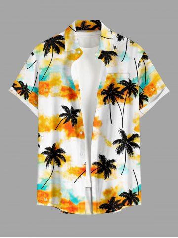 Coconut Tree Tie Dye Cloud Print Buttons Pocket Hawaii Shirt For Men
