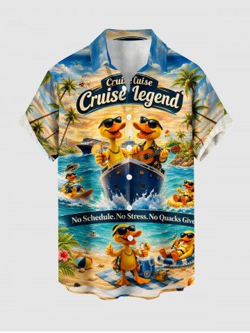 Chemise hawaïenne pour homme à imprimé paysage marin (cocotiers, canards, vagues) avec boutons et poche
