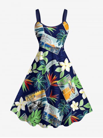 Robe débardeur hawaïenne à imprimé carte de fleurs et de feuilles tropicales (bretelles ajustables) - NAVY BLUE - 3X