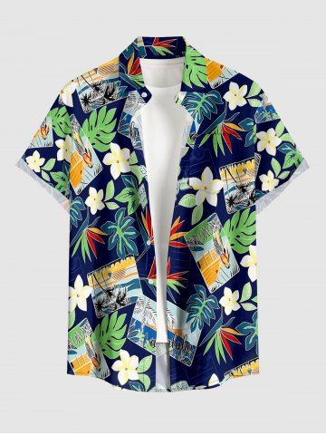 Chemise hawaïenne pour homme à imprimé fleurs, feuilles tropicales et cartes, avec boutons et poche