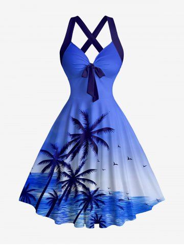 Coconut Tree Sea Ombre Sky Print Hawaii Halter Crisscross Strappy A Line Dress - INDIGO COLOR - XXXL
