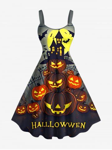 Halloween Pumpkin Bat Castle Moon Print Tank Dress(Adjustable Shoulder Strap) - GRAY - S