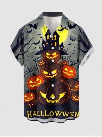 Halloween Pumpkin Bat Castle Moon Print Buttons Pocket Shirt For Men - GRAY - 5XL