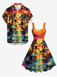 Tenue assortie de plage hawaïenne à imprimé cocotiers, crânes et nuages pour couples - Orange Foncé 