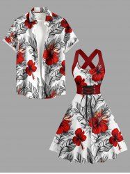 Tenue de plage hawaïenne assortie pour couples à imprimé fleurs d'hibiscus et feuilles tropicales - Rouge 