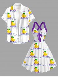Tenue de plage hawaïenne assortie pour couple avec imprimé canards, bouée et vagues de mer - Blanc 