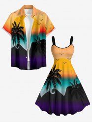 Tenue de plage hawaïenne assortie pour couples avec imprimé cocotier et coucher de soleil en dégradé - orange clair 