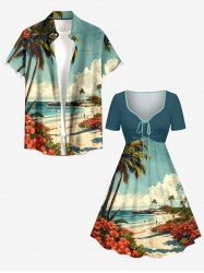 Coconut Tree Hibiscus Flower Sea Beach Print Matching Hawaii Beach Outfit For Couples -  