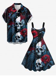 Ensemble assorti d'Halloween à imprimé crânes, fleurs et corbeau pour couples - Bleu de Minuit 