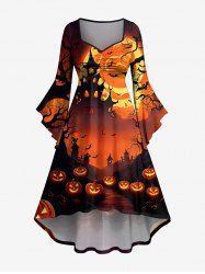 Halloween Pumpkin Moon Bat Castle Tree Print Ruched Flare Sleeves High Low Dress -  