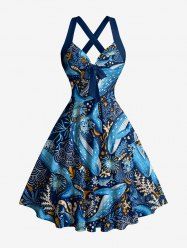 Sharks Coral Print Crisscross Straps Bowknot Hawaii Tank Dress -  