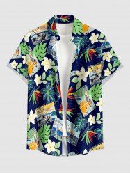 Chemise hawaïenne pour homme à motifs de fleurs, de feuilles tropicales et de cartes, avec boutons et poche - Bleu Marine 3XL