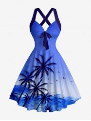 Coconut Tree Sea Ombre Sky Print Hawaii Halter Crisscross Strappy A Line Dress -  