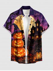 Halloween Pumpkin Witches Castle Bat Moon Print Button Pocket Shirt For Men -  