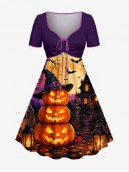 Halloween Pumpkin Witches Castle Bat Moon Print Cinched A Line Dress -  