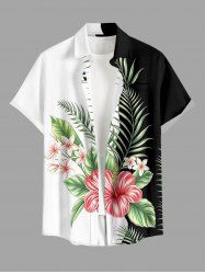 Tropical Leaf Hibiscus Flower Print Hawaii Button Pocket Shirt For Men -  
