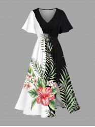 Tropical Leaf Hibiscus Flower Print Hawaii Split Pocket A Line Midi Dress -  