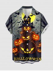 Chemise pour homme à imprimé Halloween citrouille, chauve-souris, château et lune, boutons et poche - Gris 6XL
