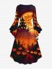 Halloween Pumpkin Moon Bat Castle Tree Print Ruched Flare Sleeves High Low Dress -  