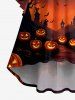 Halloween Pumpkin Moon Bat Castle Tree Print Ruched Flare Sleeves High Low Dress -  