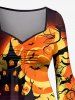 Halloween Pumpkin Moon Bat Castle Tree Print Ruched Flare Sleeves High Low Dress -  