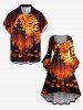 Halloween Pumpkin Moon Bat Castle Tree Print Ruched Flare Sleeves High Low Dress -  