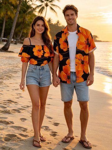 Flower Print Matching Hawaii Beach Outfit For Couples - ORANGE
