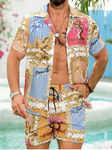 Ships From US Warehouse • Fast Delivery In 2–3 Business Days | Men's Matching Two Piece Hawaiian Tropical Print Camp Collar Short Sleeves Shirt And Drawstring Shorts Set - BEE YELLOW - 2XL