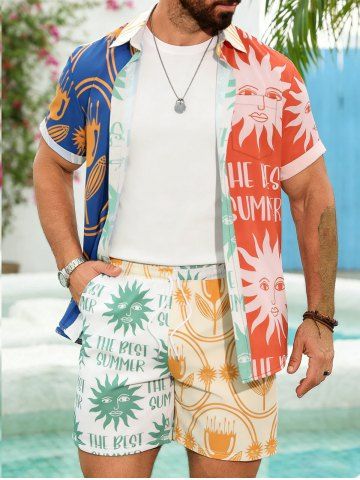 Ships From US Warehouse • Fast Delivery In 2–3 Business Days | Men's Matching Two Piece Hawaiian Style Letter Abstract Sun Floral Graphic Print Button Up Short Sleeves Shirt And Drawstring Shorts Set - BLANCHED ALMOND - 2XL