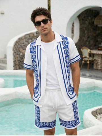 Ships From US Warehouse • Fast Delivery In 2–3 Business Days | Men's Matching Two Piece Co Ord Striped Coconut Tree Print Button Up Short Sleeves Shirt And Drawstring Casual Shorts Set - WHITE - 2XL