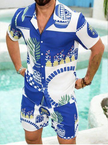 Ships From US Warehouse • Fast Delivery In 2–3 Business Days | Men's Matching Two Piece Hawaiian Geometric Floral Leaf Print Camp Collar Short Sleeves Shirt And Drawstring Shorts Set - COBALT BLUE - 2XL