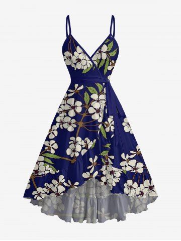 Robe de plage portefeuille à imprimé feuilles, fleurs et branches, volants hawaïens, ourlet tulipe, avec ceinture