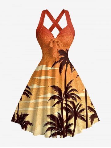 Coconut Tree Ombre Sky Print Hawaii Halter Crisscross Strappy A Line Dress - ORANGE - XS