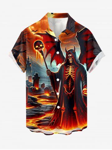 Halloween Skull Skeleton Devil Witches Bat Tombstone Print Button Pocket Shirt For Men - BURNT ORANGE - 3XL