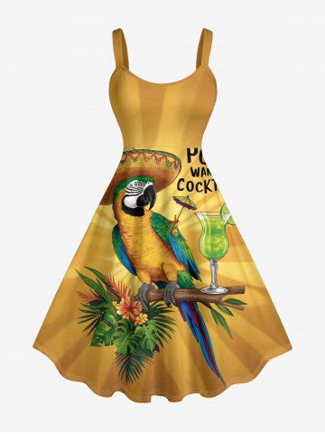 Parrot Pirate Tropical Leaf Flower Juice Letters Print Hawaii A Line Dress - DEEP YELLOW - 6X