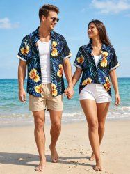 Tenue assortie de plage hawaïenne à imprimé feuilles tropicales et fleurs pour couples - Bleu profond 