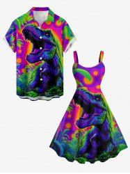 Tenue de plage hawaïenne assortie pour couples avec imprimé cocotier et dinosaure - Pourpre  