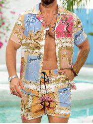 Ships From US Warehouse • Fast Delivery In 2–3 Business Days | Men's Matching Two Piece Hawaiian Tropical Print Camp Collar Short Sleeves Shirt And Drawstring Shorts Set - Jaune d'Abeille 2XL